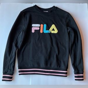 FILA WOMENS SWEATSHIRT BLACK XS FLEECE SPELLED OUT LOGO Y2K. Rainbow Letters.